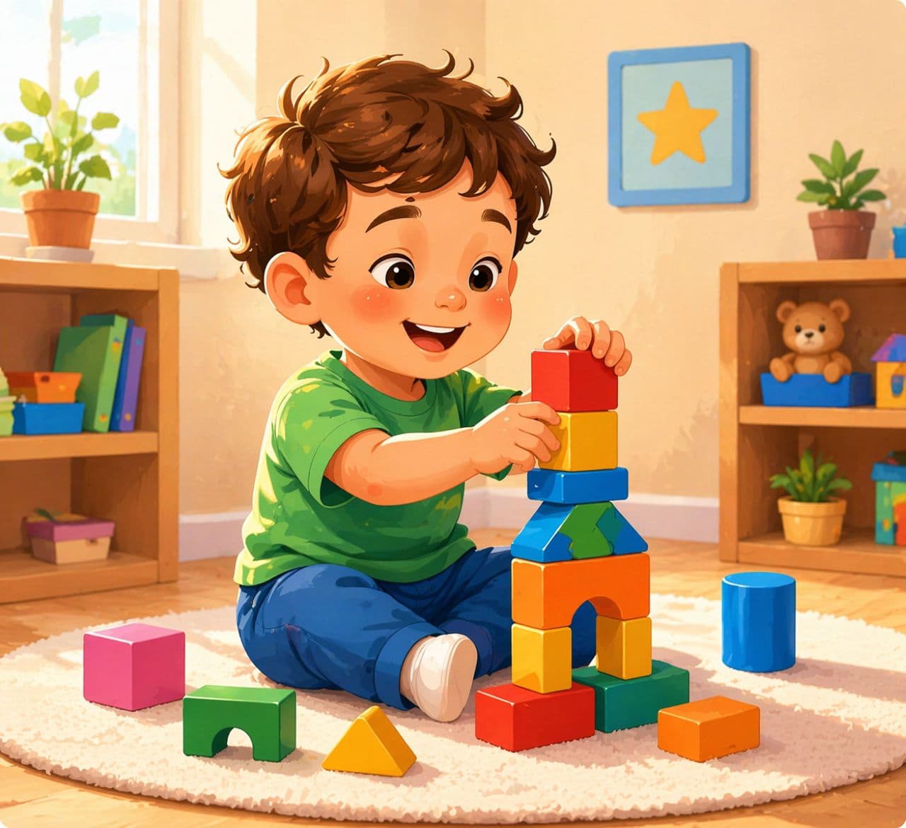 Petites mains qui construisent une tour avec des formes en bois colorées