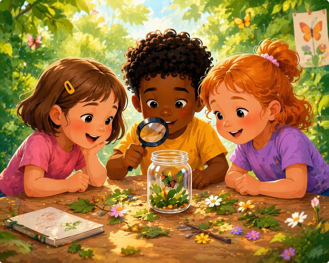 Enfants jouant dehors dans un champ avec des bulles de savon